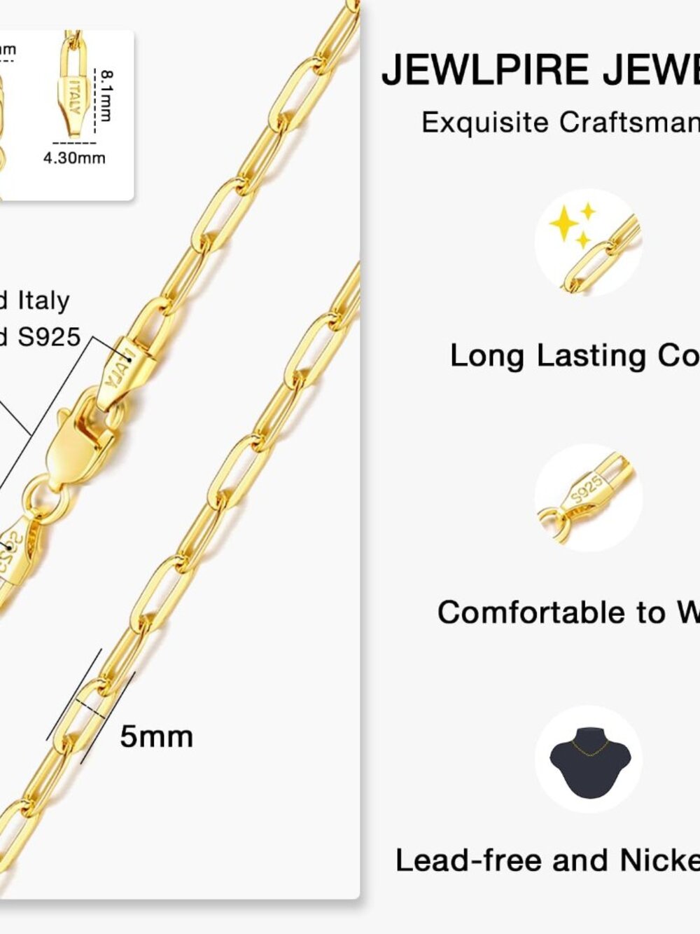 14K Gold Plated 925 Sterling Silver Paperclip Chain Necklace for Women, 4mm 5mm - Picture 4 of 5